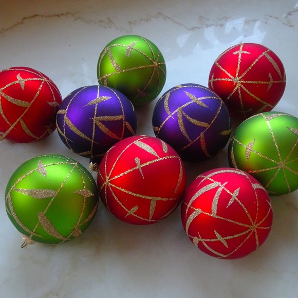 Set of 9 Made in Poland Purple Green & Red Glittery Glass Ball Xmas Ornaments - Picture 11 of 12